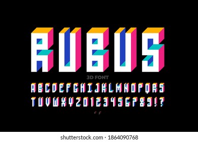 Three dimensional style modern font, alphabet and numbers vector illustration