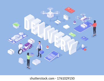 Three dimensional template of word Delivery surrounded with icons and modern drones promoting convenient contemporary services of fast delivery on blue background