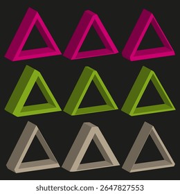 Three dimensional triangles. Green polygon shapes. Abstract geometric forms. Vector playful illustration.
