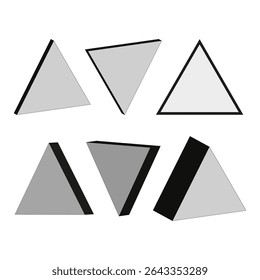 Three dimensional triangles. Isometric shape icon. Grey vector elements. Shaded polygonal form.
