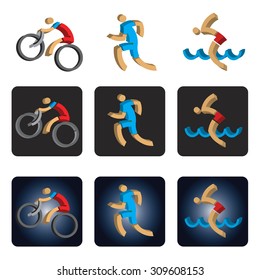 Three dimensional Triathlon icons.
Three dimensional design stylized icons with athletes symbolizing triathlon, swimming, run  and cycling. Vector available.
