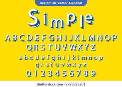 Three dimensional vector alphabet displays simple uppercase and lowercase characters along with numbers in blue and white on a bright yellow background with shadow effect presented in flat design style.