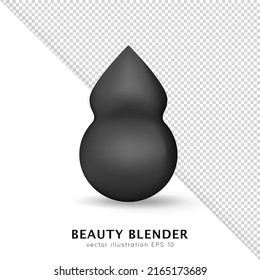 Three dimensional vector beauty blender isolated on white and transparent background.  Mockup of black makeup sponge for blending foundation, concealer. Cosmetic tool, applicator for makeup applying 