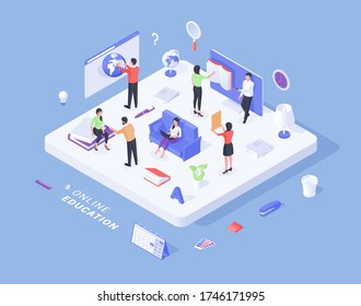 Three dimensional vector illustration with men and women in learning process on white cube representing online education on blue background