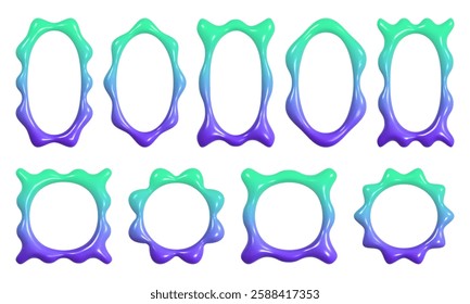 Three dimensional wavy frames featuring a plastic reflective texture exemplifying the vibrant and playful style of Y2K aesthetics, perfect for creative digital projects.