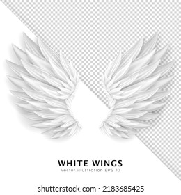 Three Dimensional White Angel Wings. Masquerade, Festival, Carnival Costume. Realistic Bird Wings Isolated On Transparent Background. Freedom, Spiritual Concept. Vector Illustrator EPS 10