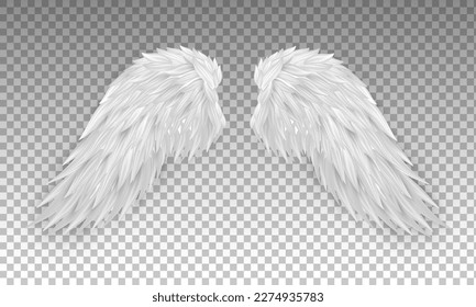 Three dimensional white angel wings. Masquerade, festival, carnival costume. Realistic bird wings isolated on transparent background. Freedom, spiritual concept. Vector illustrator EPS 10