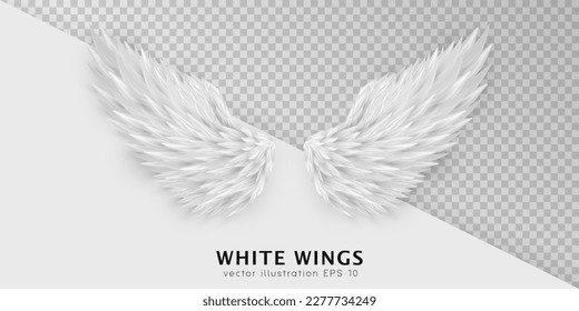 Three dimensional white angel wings. Masquerade, festival, carnival costume. Realistic bird wings isolated on transparent background. Freedom, spiritual concept. Vector illustrator EPS 10