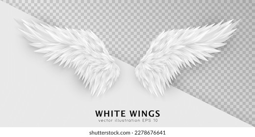 Three dimensional white angel wings. Masquerade, festival, carnival costume. Realistic bird wings isolated on transparent background. Freedom, spiritual concept. Vector illustrator EPS 10