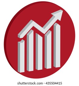 Three dimensional white bars and white arrow. Red background.
