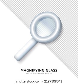 Three dimensional white magnifying glass. Isometric glossy magnifier with transparent lens. Cartoon loupe, reading glass, zoom tool, optical microscope isolated on white and transparent background.