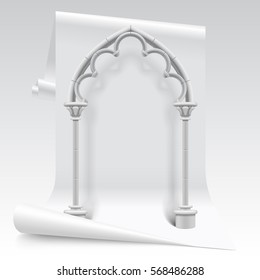 Three dimensional white paper sheet and gothic arch model. Design symbol and concept. Vector Illustration