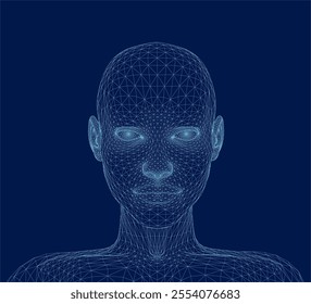 Three dimensional woman head. Front view. Ware mesh from 3d app.