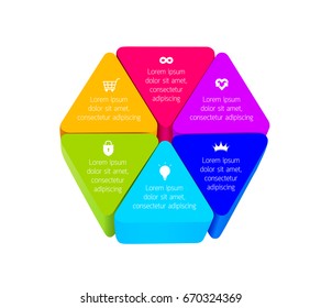 Three dimensions triangle toy blocks build in hexagon shape. Info graphic for your design. Vector illustration isolated on white background.