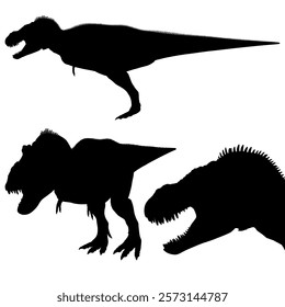 The three dinosaur silhouettes are all different types of dinosaurs. The first one is a T-Rex, the second one is a Triceratops, and the third one is a Stegosaurus