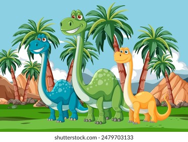 Three dinosaurs smiling among palm trees
