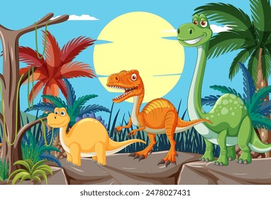 Three dinosaurs in a vibrant jungle setting