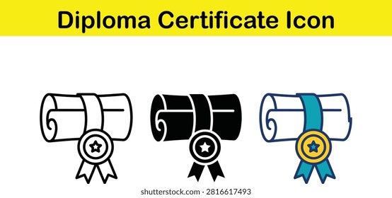 Three diploma certificate icons with different colored ribbons and seals
