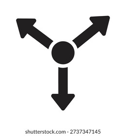 Three directional arrows branching from center point symbolizing distribution divergence splitting flow diffusion path options concept design