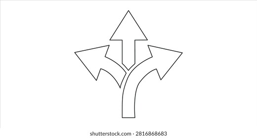 Three directional arrows vector line art concept of choice and path decision making. Minimalist outline design of three arrows splitting in different directions isolated on white.