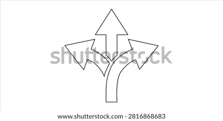Three directional arrows vector line art concept of choice and path decision making. Minimalist outline design of three arrows splitting in different directions isolated on white.