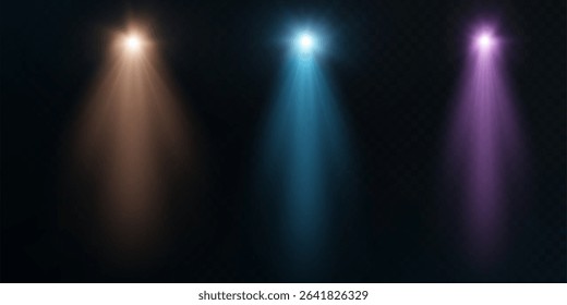 Three directional light beams - warm, blue and violet - on a dark background. Spotlight effect with soft diffusion and light haze.