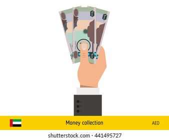 Three dirhams in hand. United Arab Emirates dirhams banknote vector illustration.