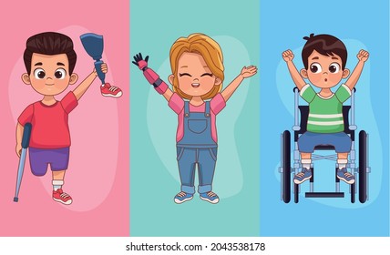three disability kids characters group