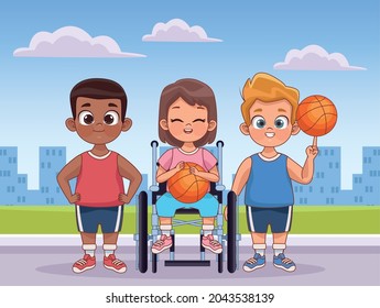 Three Disability Kids Playing Basketball