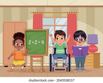 three disability kids studying characters