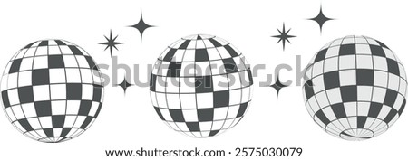 Three disco balls vector illustration in black and white with stars collection set. Disco drawing for retro parties, invitations and posters. 
