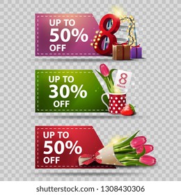 Three discount banners for Women's day with gifts, tulip in a mug and bouquet of tulips
