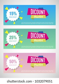 Three discount Voucher template layouts in pastel colors: torques, green, pink. Business flyer, gradient background, coupon, ticket or discount card design.