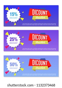 Three discount Voucher template layouts in different colours. Three levels of discount: 15%, 25%, and 50%. Business flyer design, gradient background, coupon, ticket, Discount card,