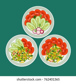 Three dishes with chopped vegetables. Pepper, tomatoes, radish and cucumber nicely laid out on plates. Concept healthy eating.