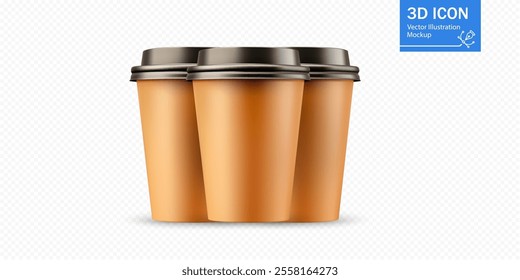 Three disposable coffee cups are neatly arranged together on a light background. The cups feature a sleek design with dark lids and are ideal for coffee shops or branding ideas.