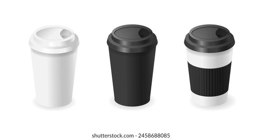 Tres Tazas De Café Desechables En Diseños Variados. Blanco Liso, Negro Elegante Y Blanco Con Una Manga Negra Texturizada