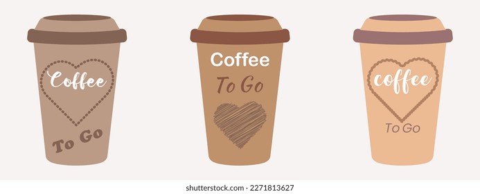 Three disposable cups of coffee to go with a different design, different colors.