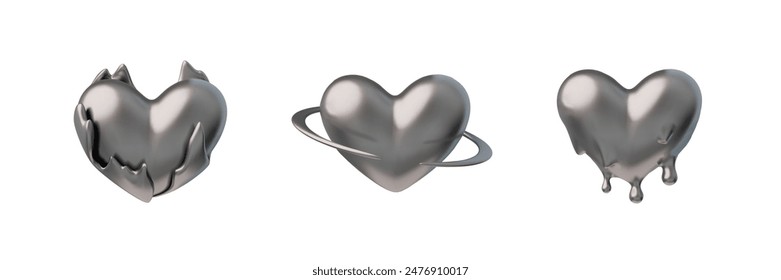 Three distinct 3D heart icons in Y2K style, featuring glossy metallic textures and elegant 90s and 00s trendy designs, ideal for love themes or stylish graphic elements in vector illustration.