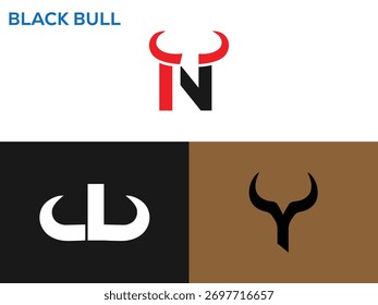 Se muestran tres logotipos abstractos distintos de cabeza de toro. Uno es rojo y negro sobre blanco, otro es blanco sobre negro, y el tercero es negro sobre marrón.