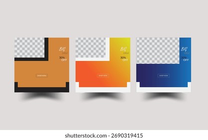Tres diseños geométricos abstractos distintos que muestran vibrantes transiciones de color degradado. Cada diseño cuenta con una forma de L limpia con un marcador de posición cuadrado transparente, perfecto para mostrar diferentes co