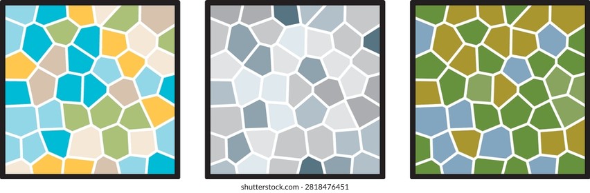 Three distinct abstract geometric patterns featuring irregular polygonal shapes in pastel and muted tones arranged closely together