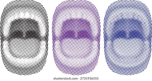 Tres Formas ovaladas abstractas distintas, cada una rellena con un patrón de puntos semitono de color en negro, púrpura y azul.