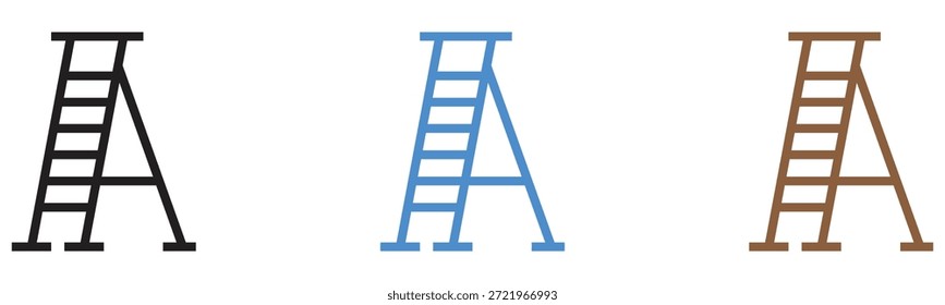 Tres iconos distintos de escalera de escalera de un marco en negro, azul y marrón para varios usos
