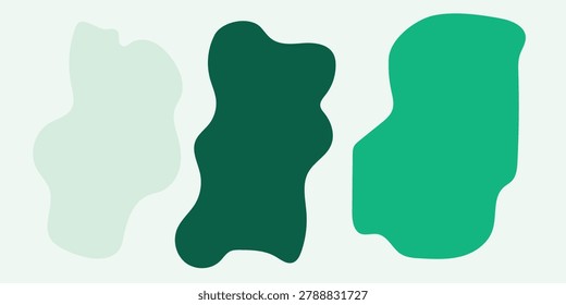 Three distinct, amorphous organic shapes in different shades of green, set against a light blue-grey background.