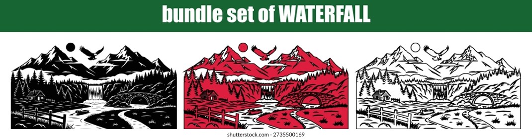 Three distinct artistic renderings of a serene mountain landscape are presented showcasing cascading waterfalls winding rivers arched stone bridges dense forests a small cabin and a majestic eagle soaring against a backdrop of rugged peaks and a sun or moon Isolated on transparent background