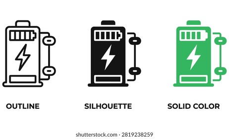 Three distinct battery icons showcased in outline silhouette and solid color formats