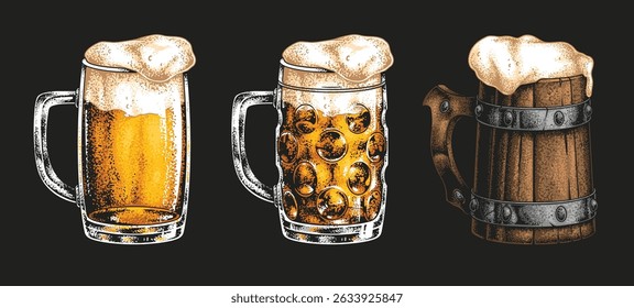Three distinct beer mugs are shown including a clear glass mug with light beer a classic glass with bubbles and a rustic wooden mug. Each showcases unique craftsmanship and design.