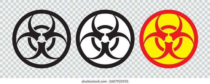 Three distinct biohazard warning symbols are displayed, showcasing different color schemes and styles for hazard communication. Biohazard symbols in black and red-yellow color variations for warning and danger