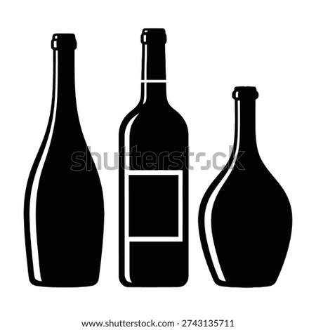Three distinct black bottles stand in a row on a minimalist white background